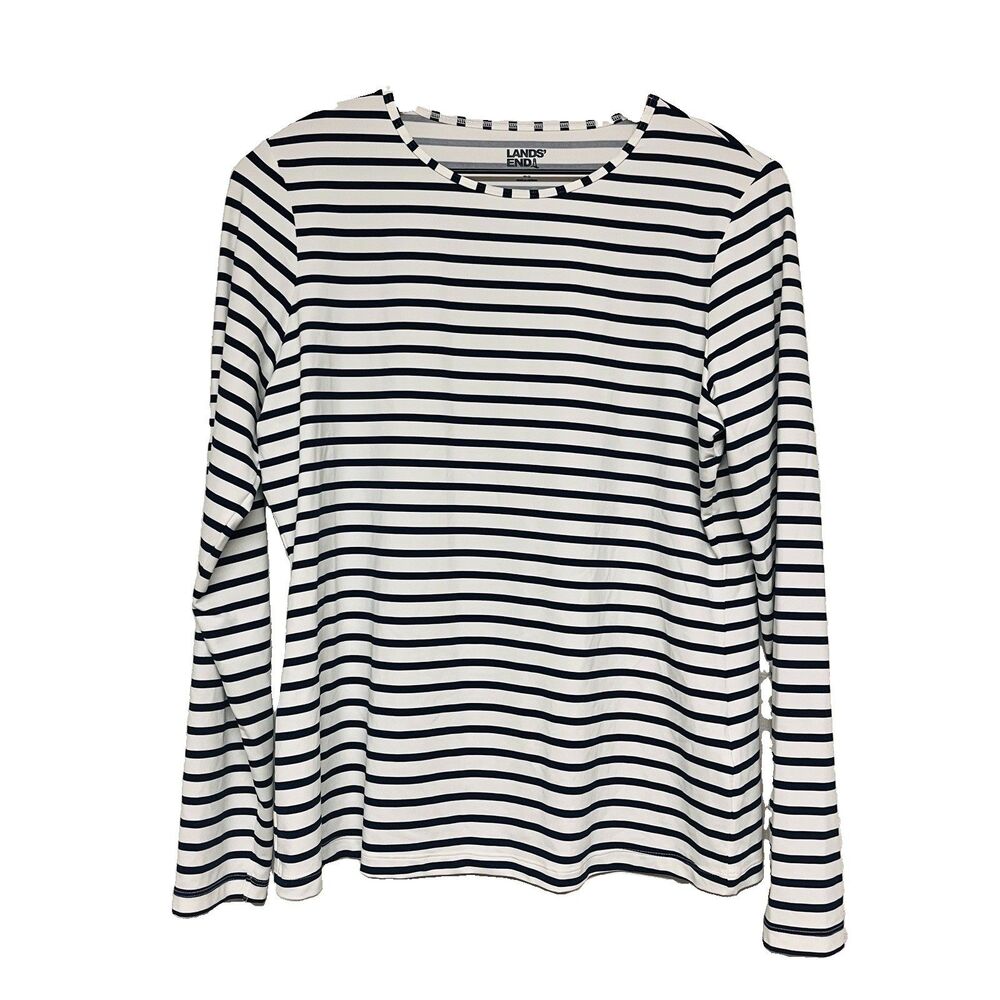 NWT Lands End Womens Crewneck Rash Guard UPF 50 Size M Striped Moisture Wicking